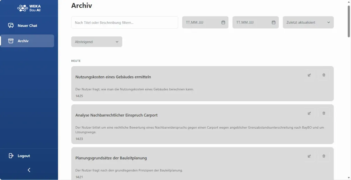 WEKA Bau AI - Archivfunktion