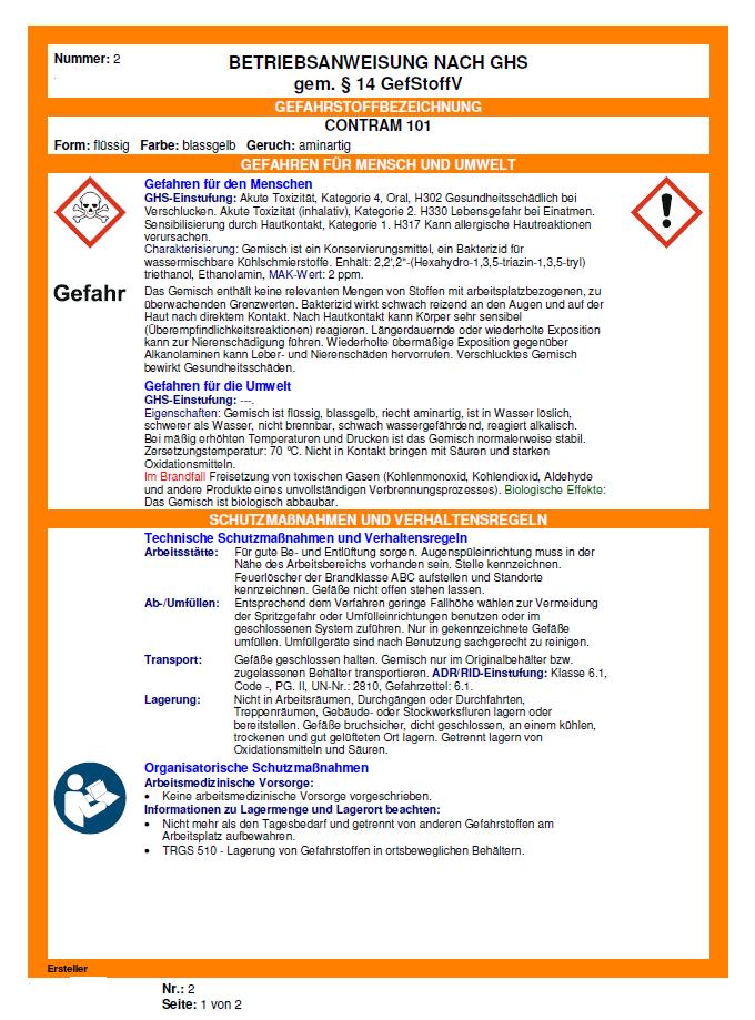 Muster-Betriebsanweisung für CONTRAM 101 nach GHS