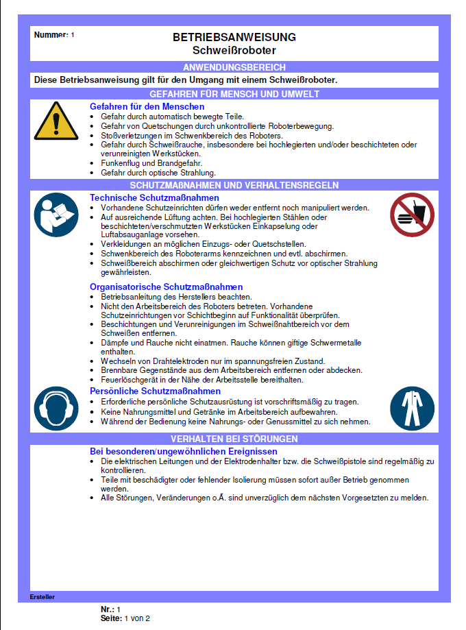 Muster-Betriebsanweisung Schweißroboter