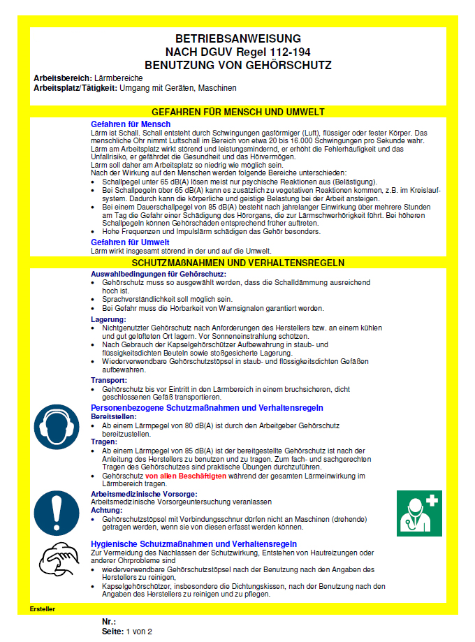 Muster-Betriebsanweisung für Gehörschutz