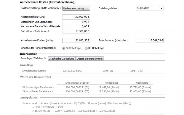 Honorarabrechnung - Kostenermittlung und Kosten nach DIN 276