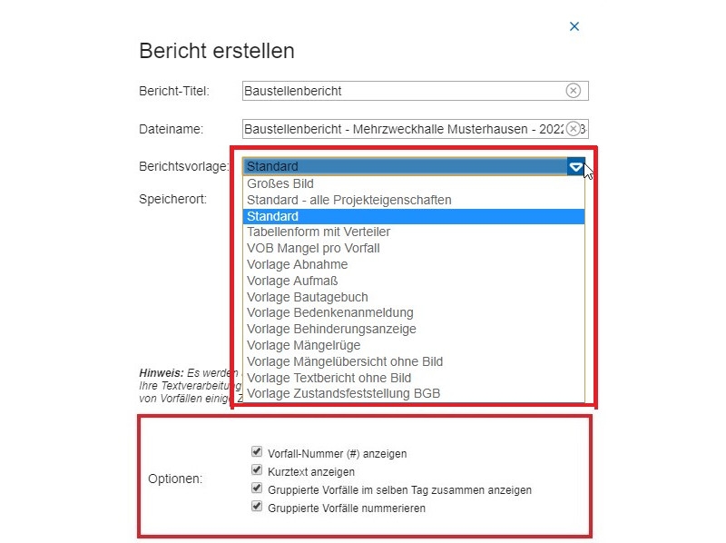 Verschiedene Berichtsvorlagen und Druckoptionen