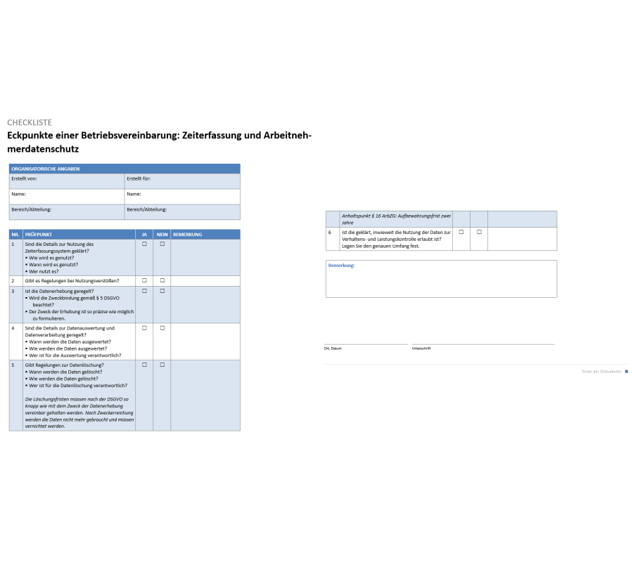 Checkliste Eckpunkte einer Betriebsvereinbarung - Zeiterfassung und Arbeitnehmerschutz