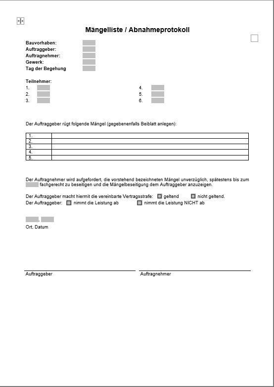 Mängelliste Vorlage für Abnahmeprotokoll - Bauabnahme